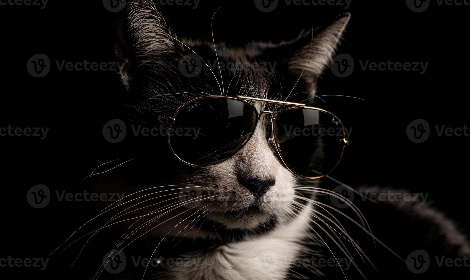 ai generado retrato de un gato vistiendo Gafas de sol en un negro antecedentes. foto