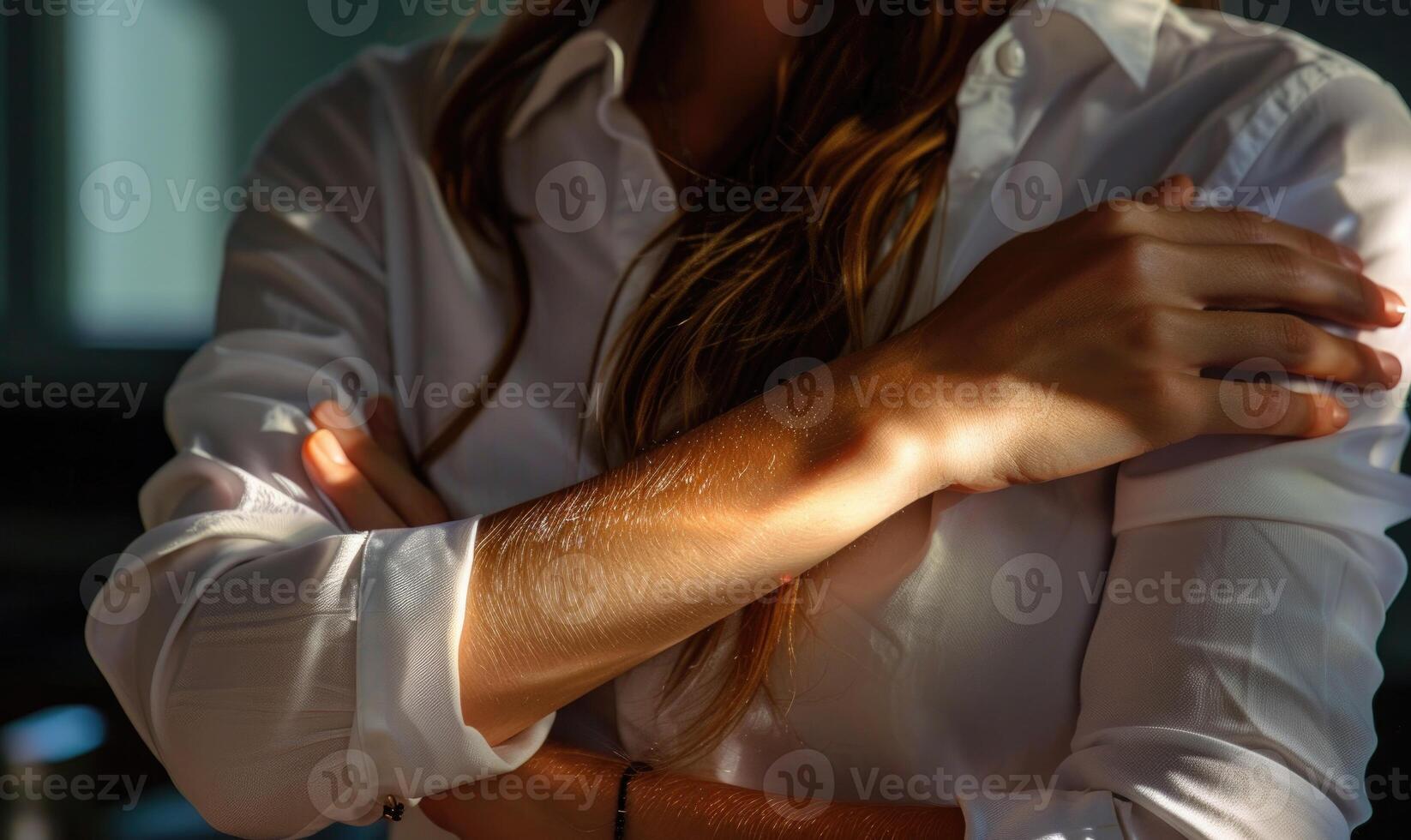 AI generated Close-up of hands of young businesswoman in white shirt. photo