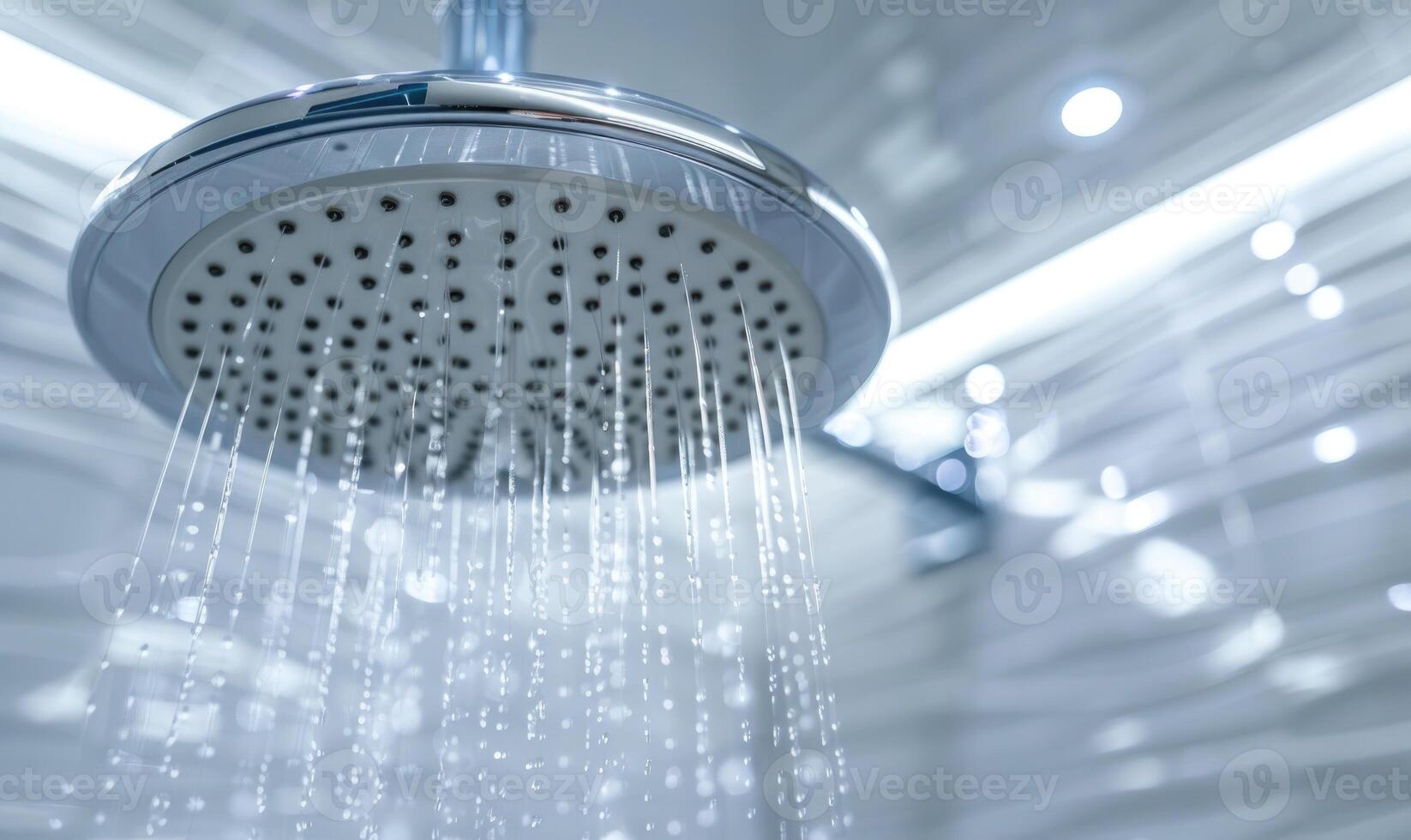 ai generado ducha cabeza con agua gotas en el baño. ducha cabeza con corriendo agua. foto