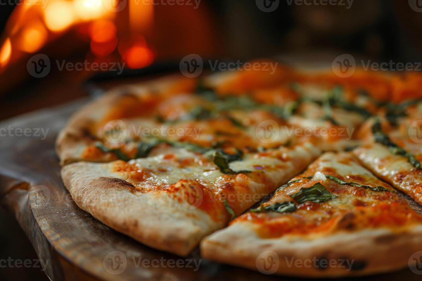 ai generado recién horneado margherita Pizza con albahaca en un de madera mesa foto