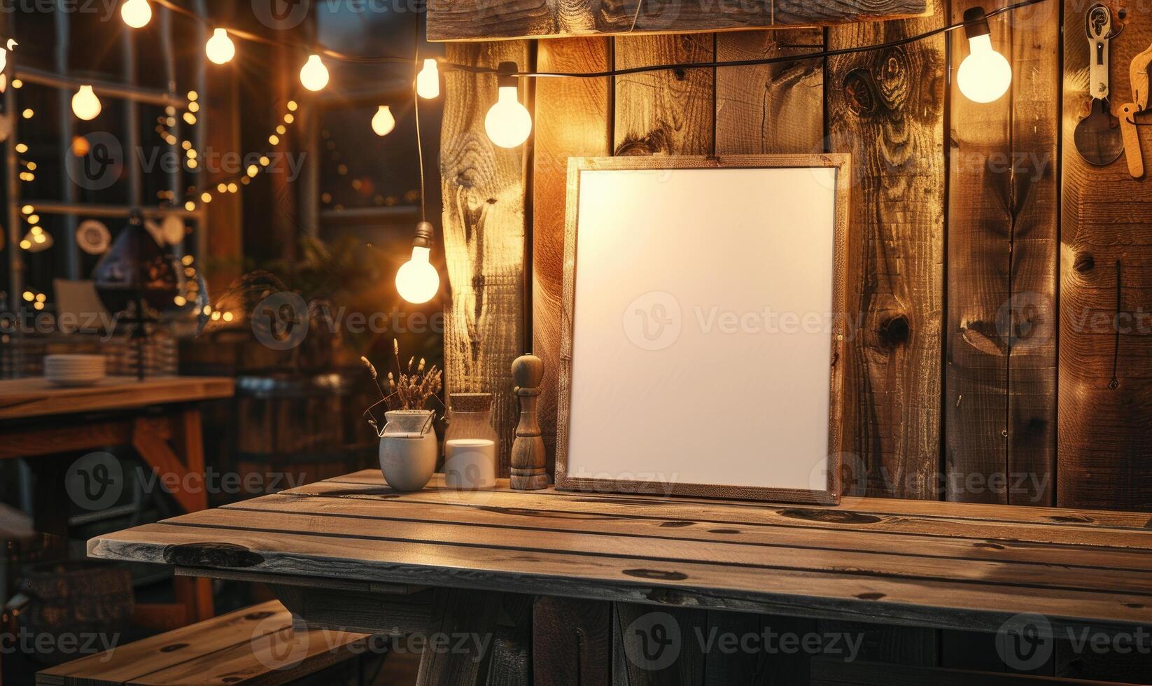 AI generated Empty wooden board on table in cafe, closeup. Space for text. Mock up for menu or design photo