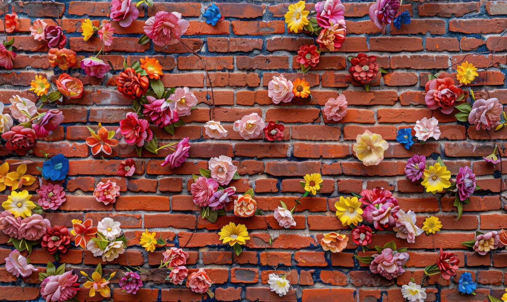 AI generated Red and pink roses on the old brick wall background with copy space photo