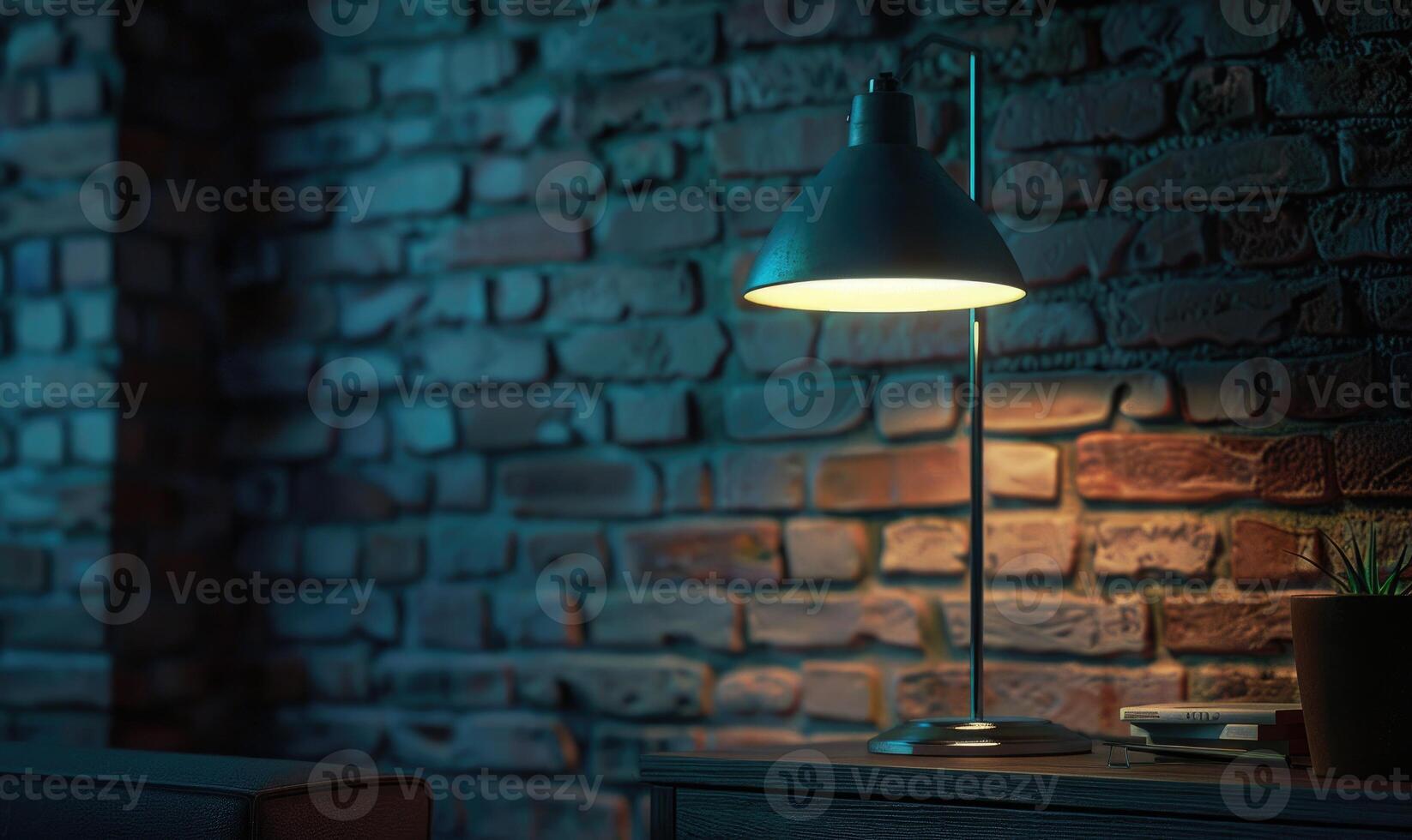 AI generated Lamp on a brick wall background. Space for text. photo