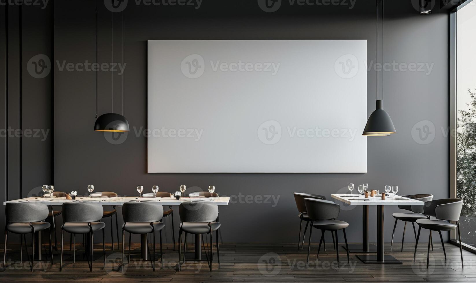 AI generated Interior of modern cafe with mock up poster. photo