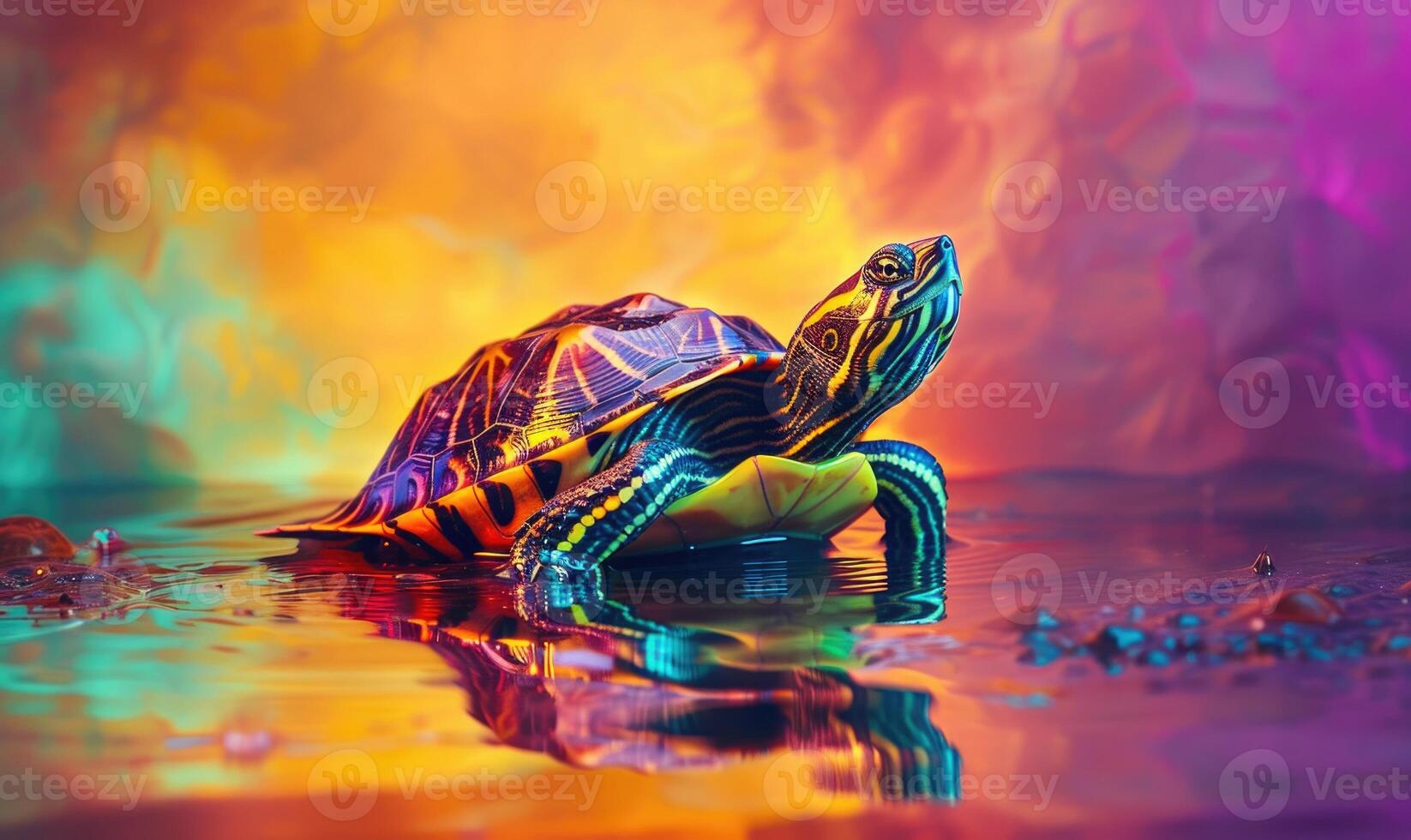 AI generated turtle on colorful background closeup, space for text photo