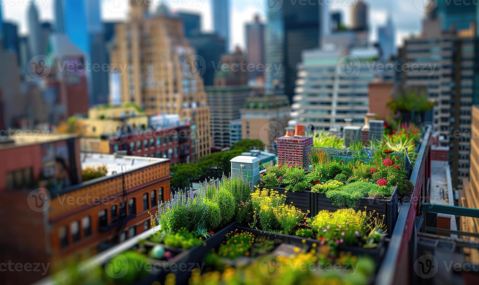 AI generated Urban rooftop garden. Modern skyscrapers, view from a terrace. photo