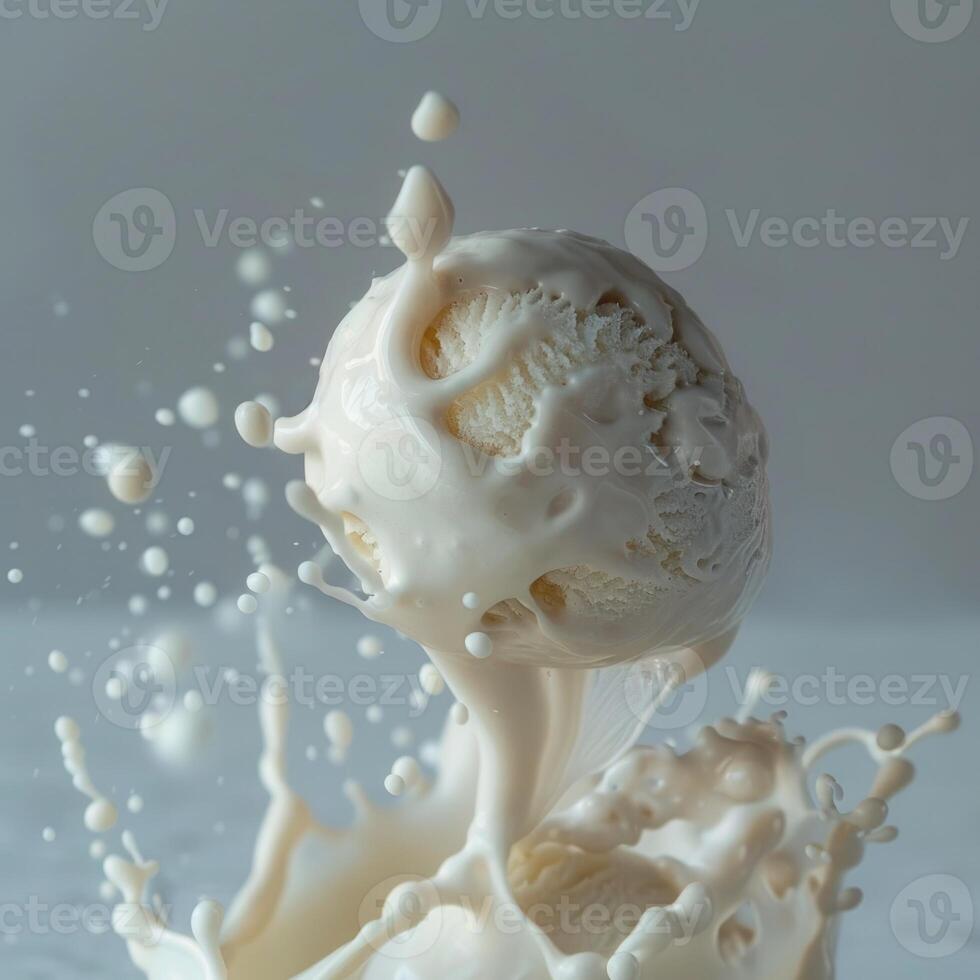 AI generated Vanilla ice cream scoop melting slowly, closeup view photo