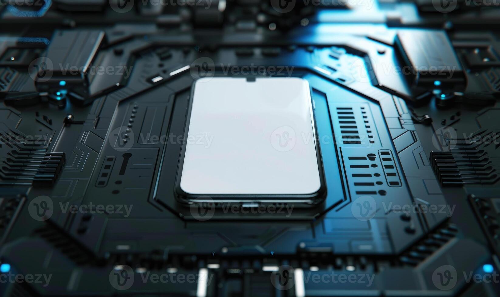 AI generated Smartphone mockup with a blank screen on a futuristic technology background photo