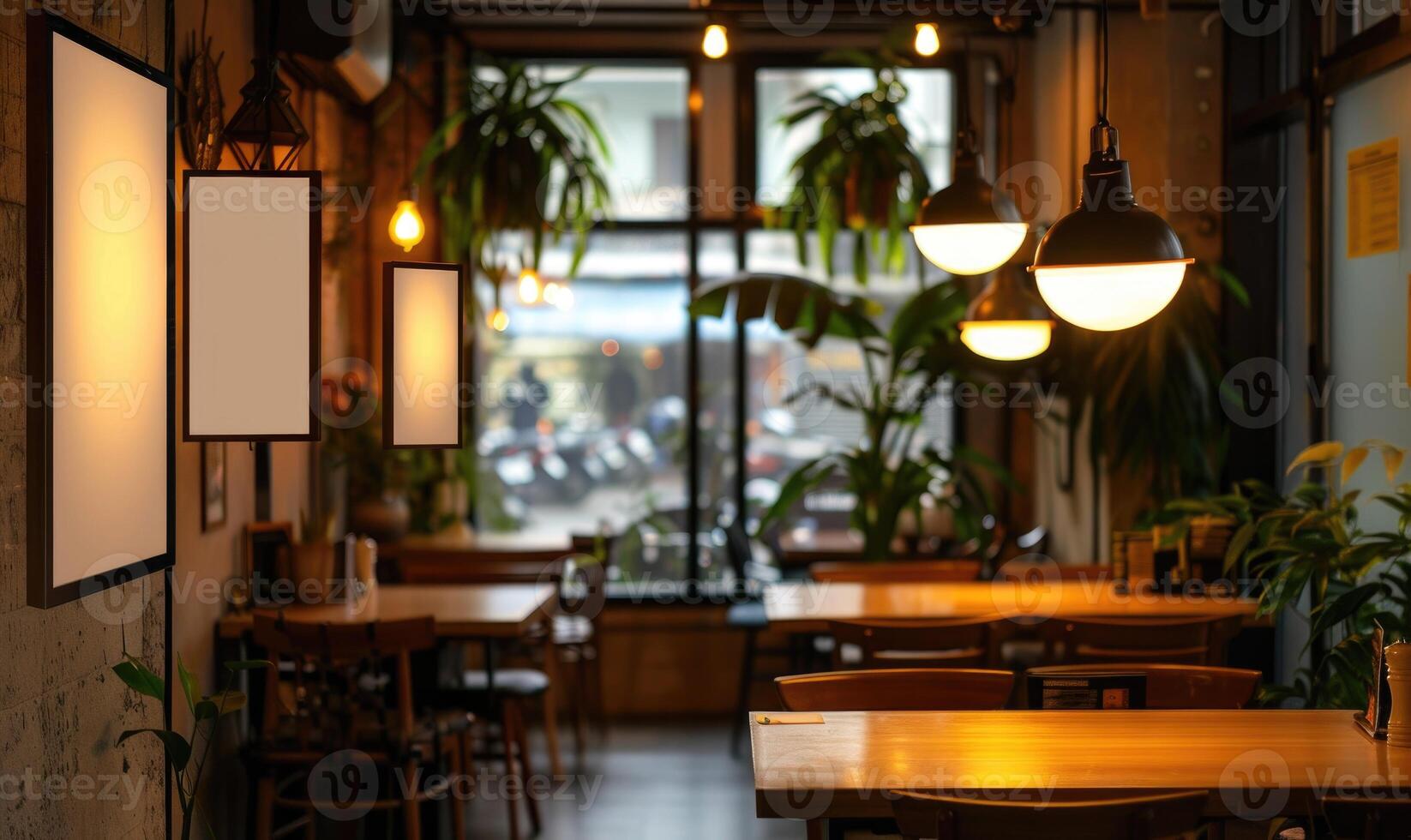 AI generated Blank photo frame on wooden table in cafe. Mockup for design