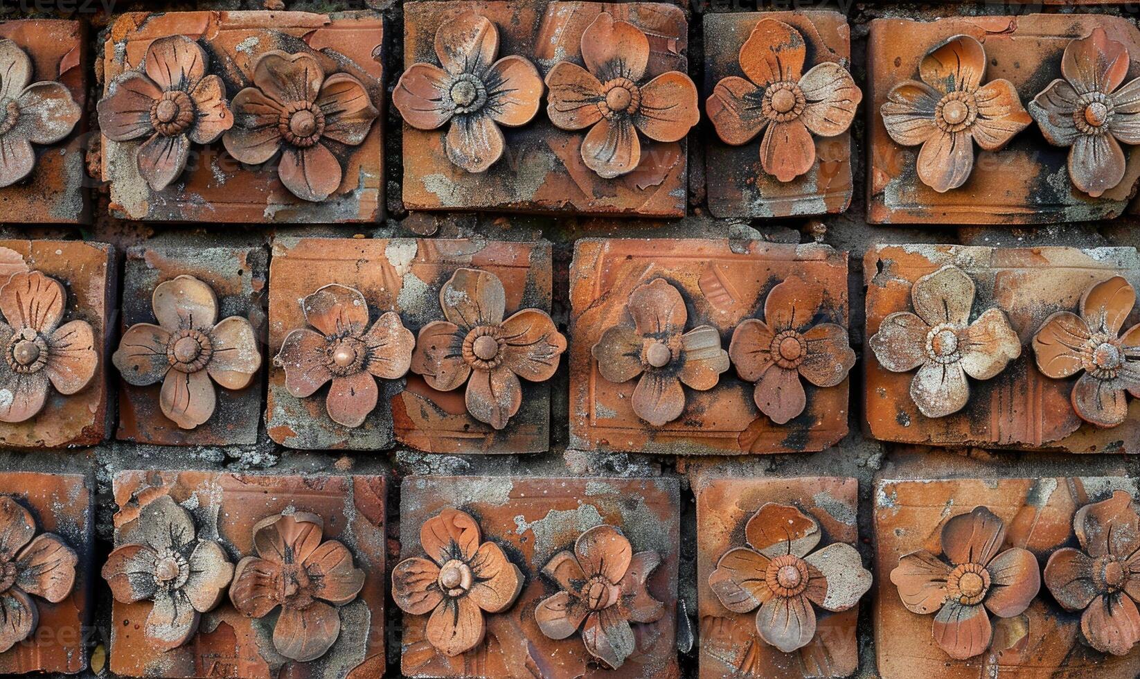 AI generated Old brick wall with decorative flower pattern. Abstract background and texture for design. photo