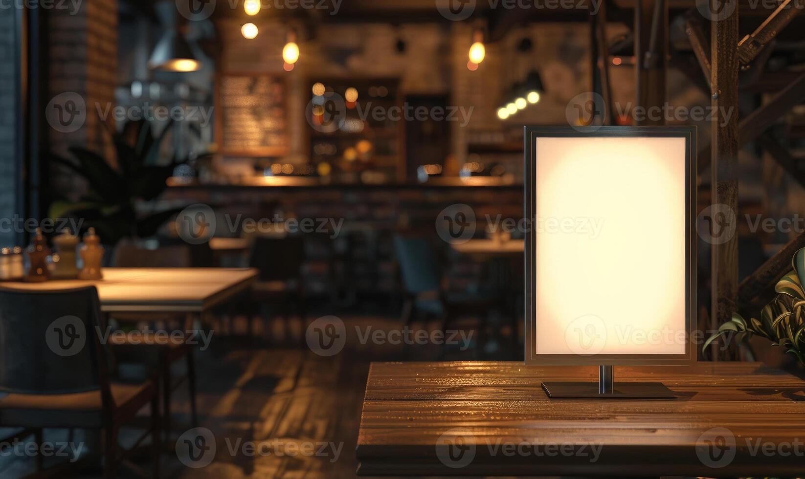 AI generated Blank photo frame on wooden table in cafe. Mockup for design
