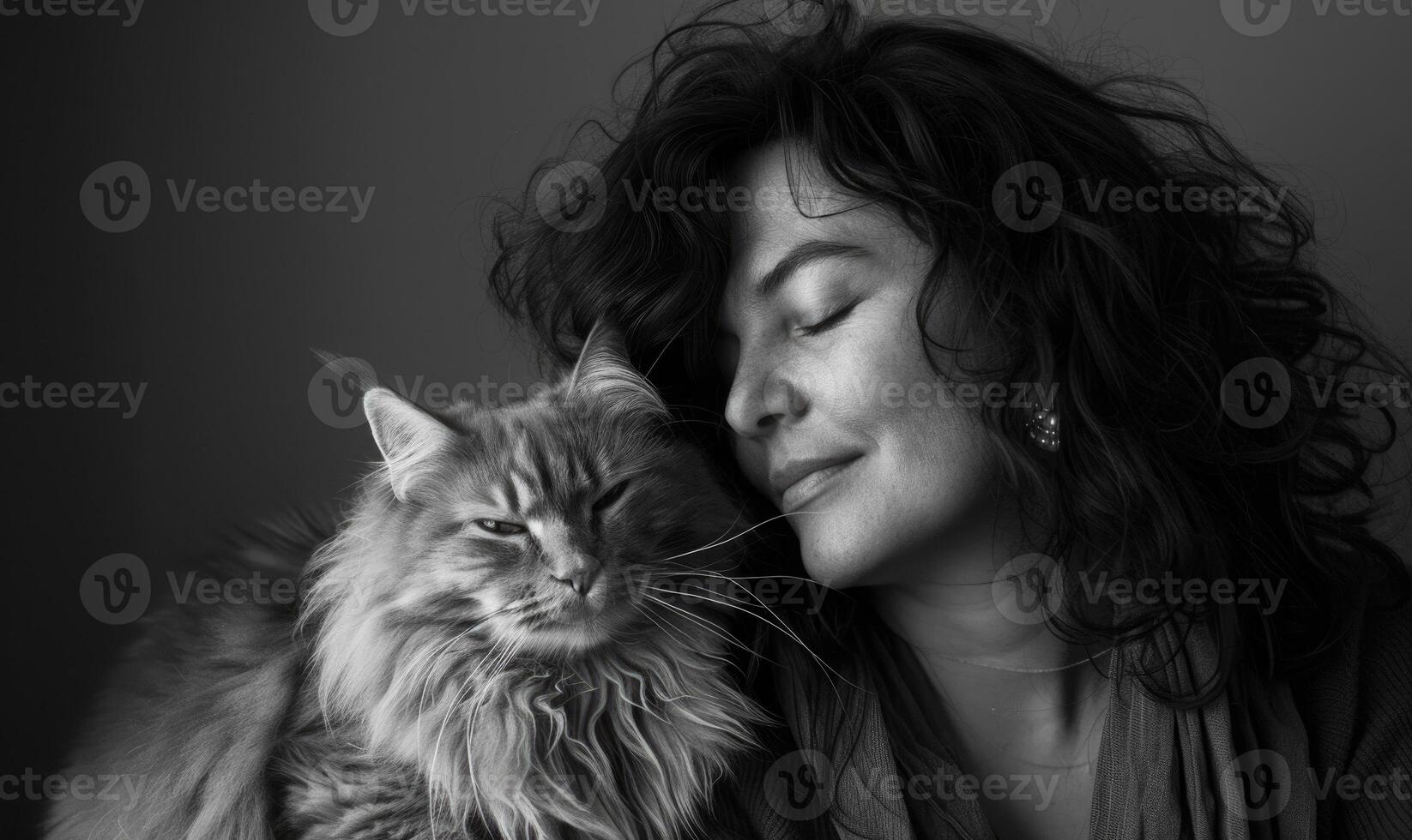 ai generado de cerca retrato de un hermosa joven mujer con largo Rizado pelo y mullido gato. monocromo imagen. foto