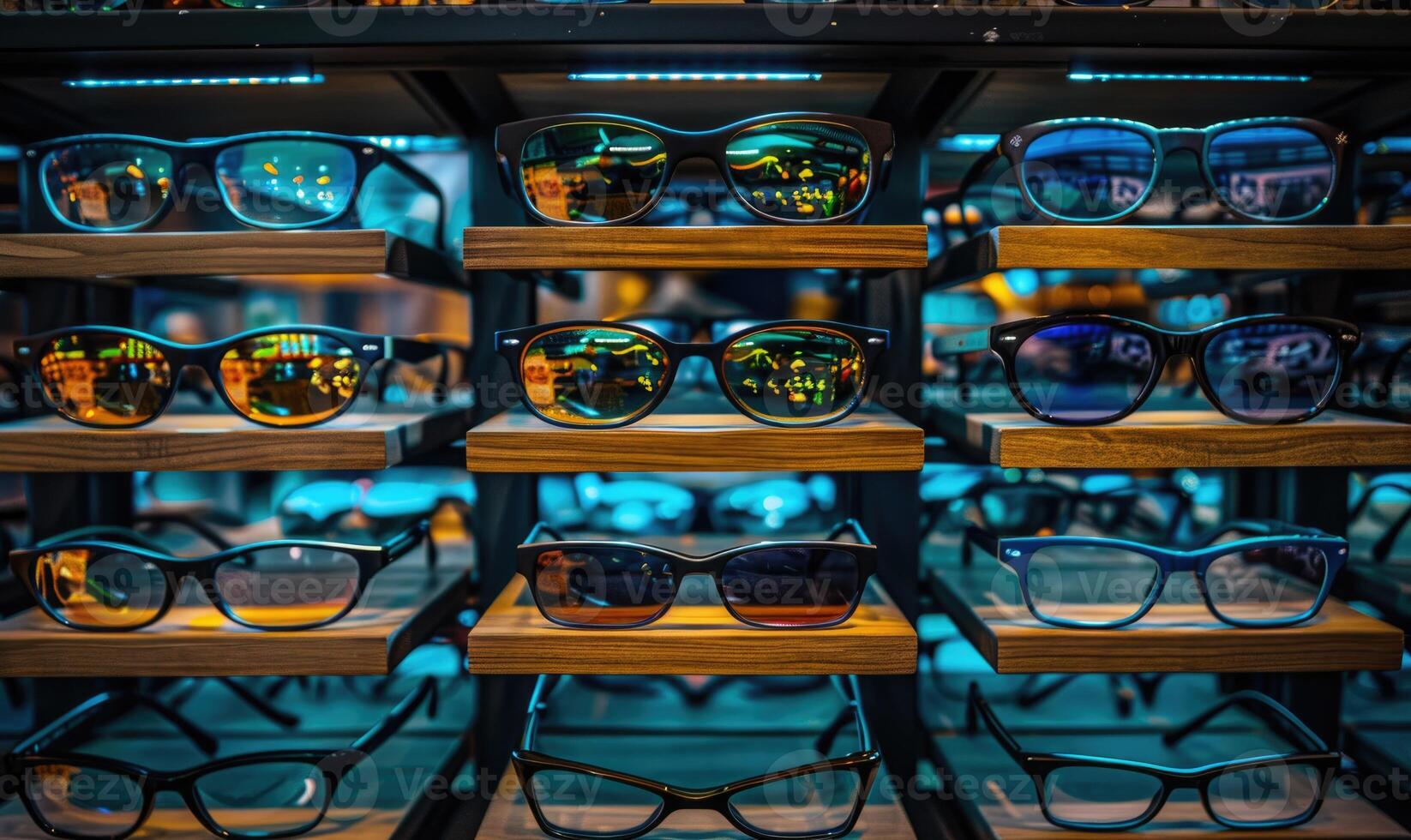AI generated Glasses on shelf in optics store, closeup. Selective focus photo