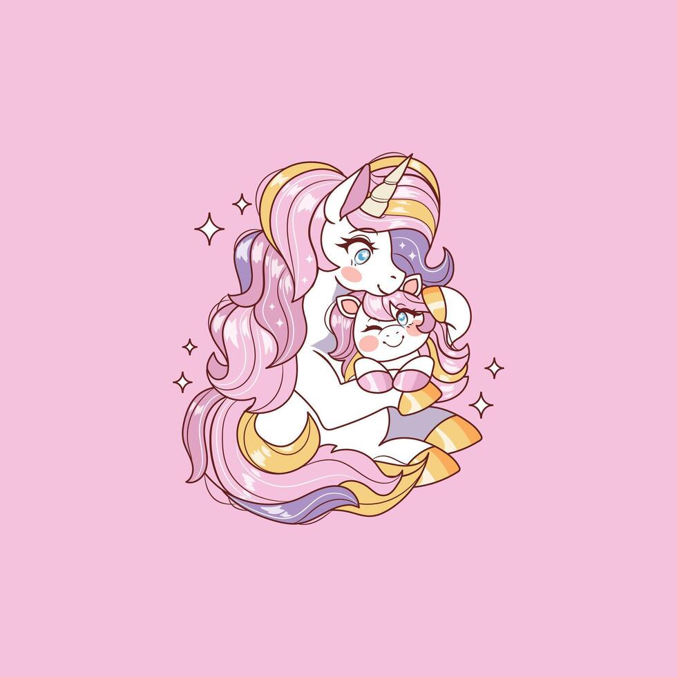 linda ilustración de madre unicornio acurrucarse su bebé unicornio vector