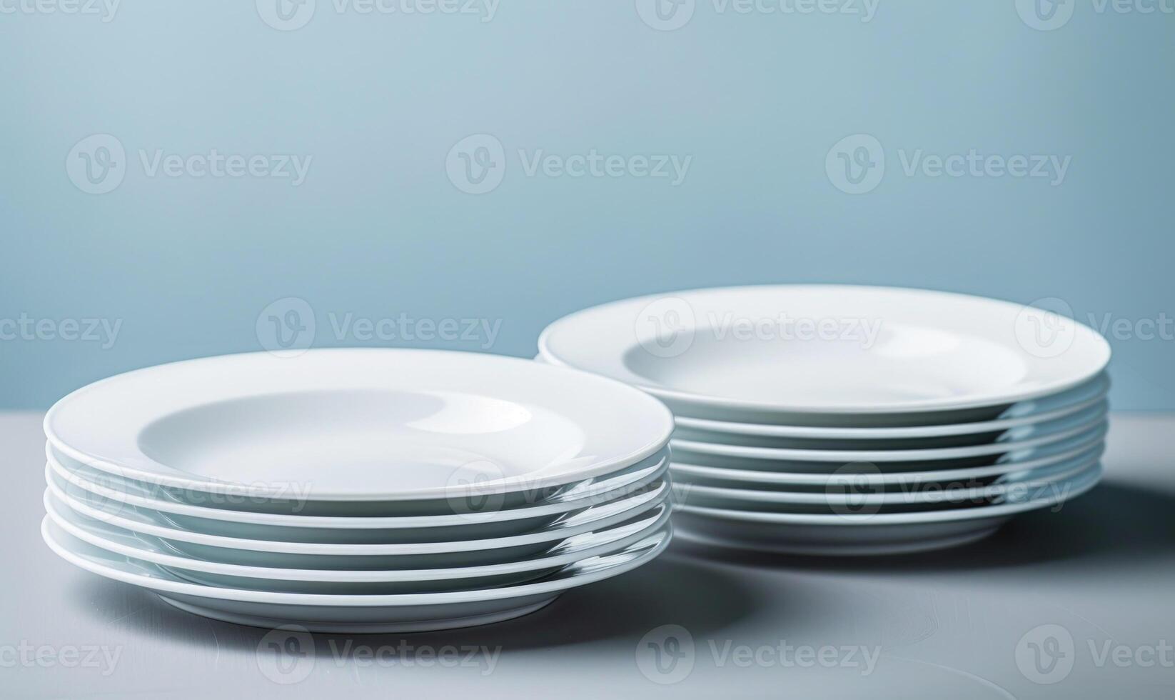 AI generated Set of silver round plates on a white fabric background. Selective focus. photo