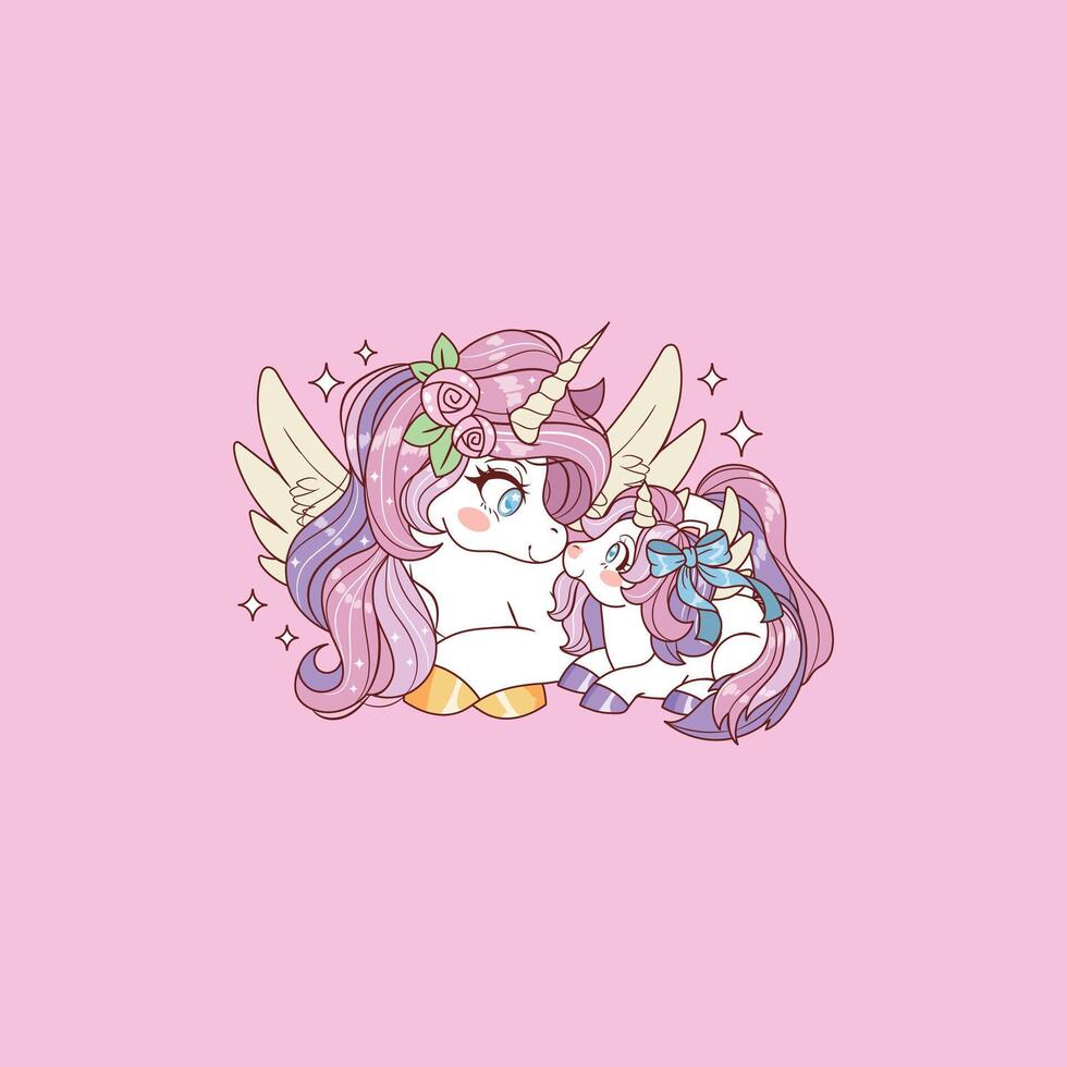 Cute illustration of mommy unicorn with baby unicorn vector