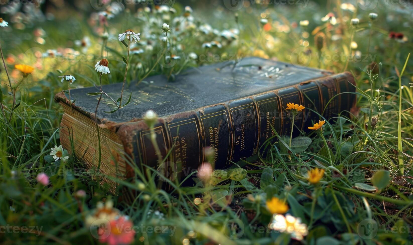 ai generado antiguo libro acostado en un herboso loma rodeado por flores silvestres foto