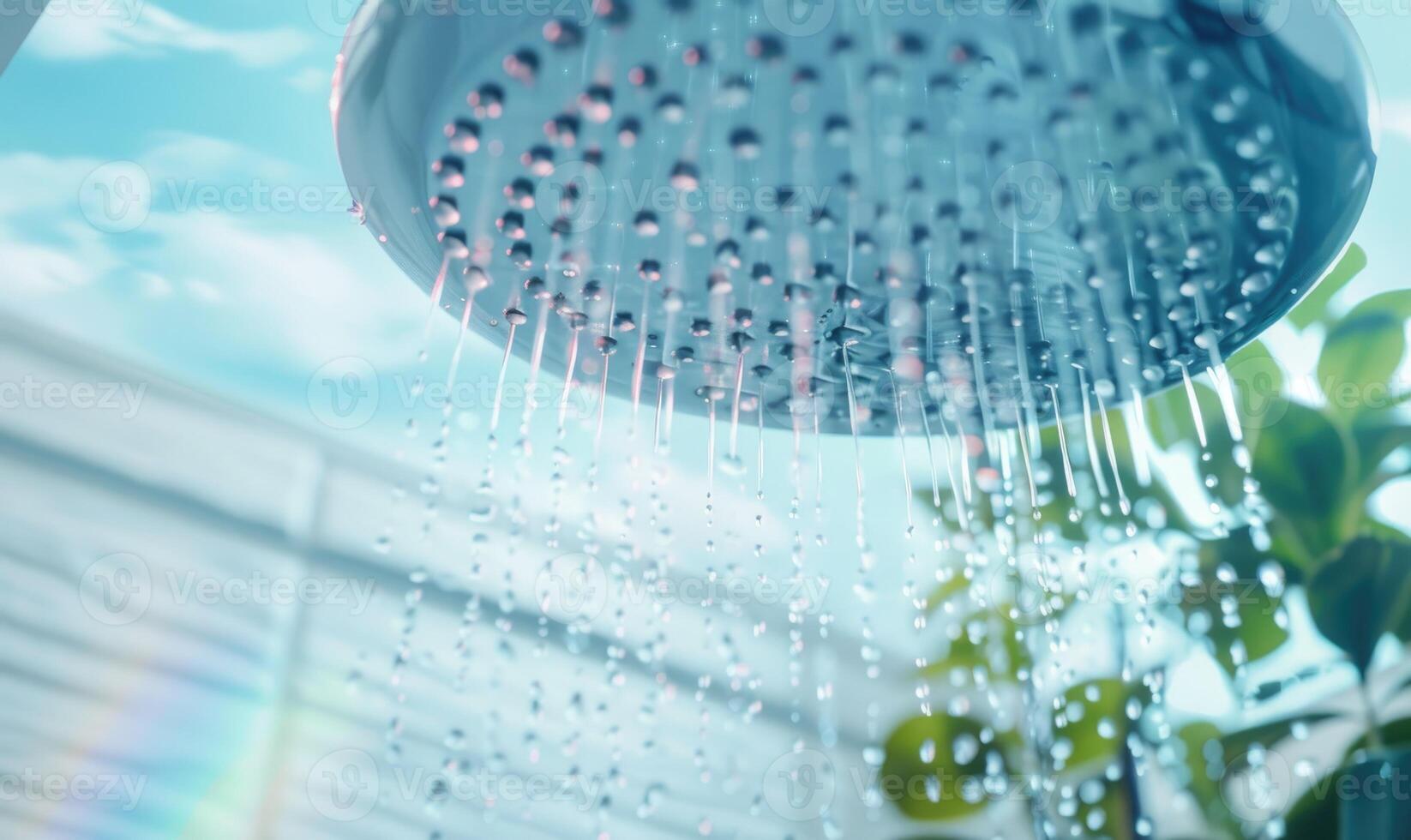 ai generado ducha cabeza con agua gotas y verde plantas en el baño. foto