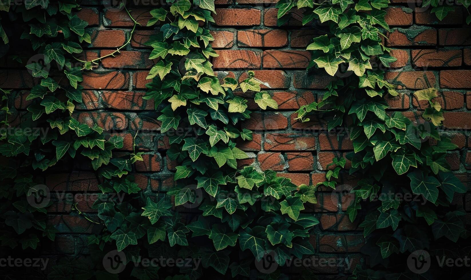 ai generado antiguo ladrillo pared con verde hiedra hojas. natural Clásico antecedentes. foto