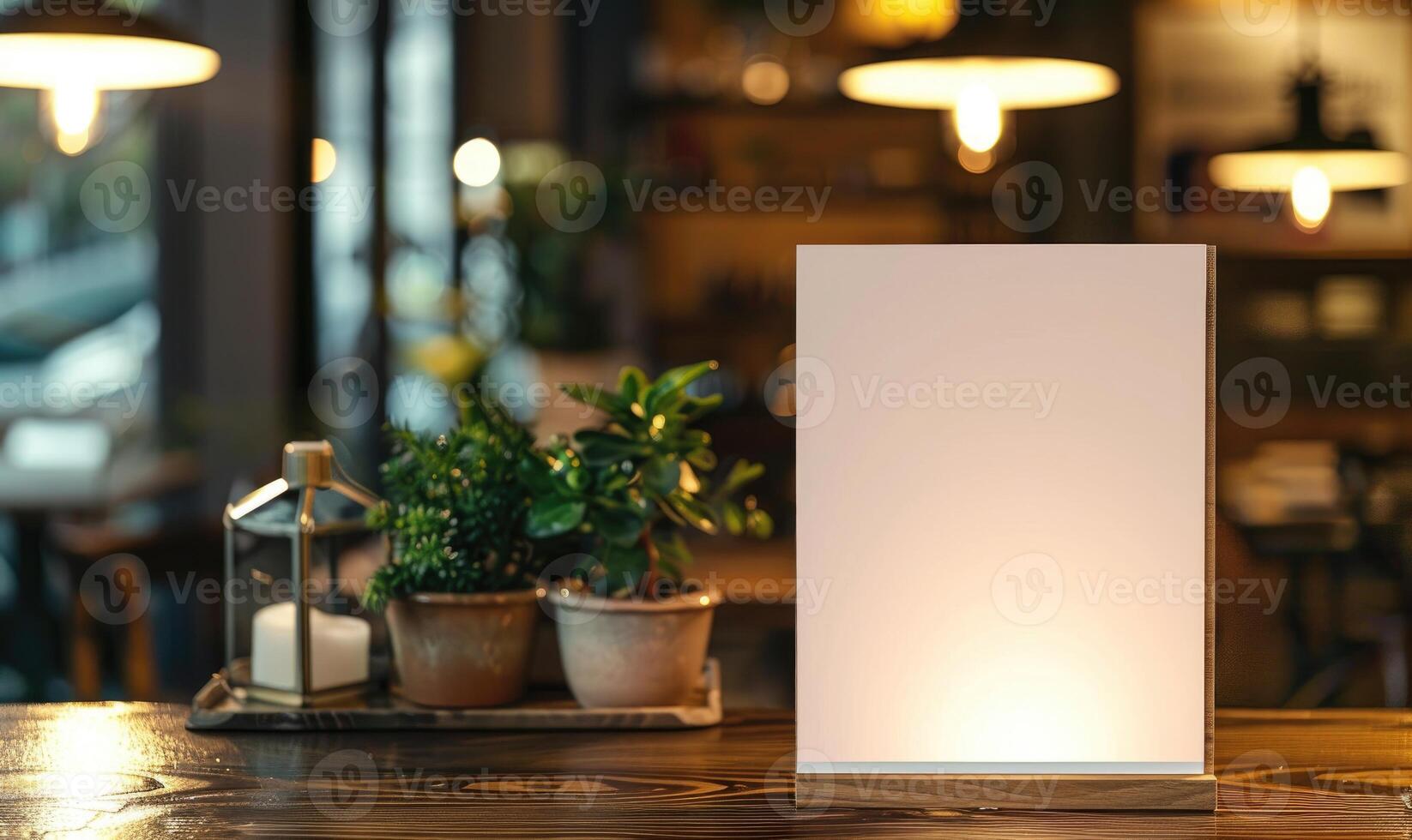 AI generated Empty wooden board on table in cafe, closeup. Space for text. Mock up for menu or design photo