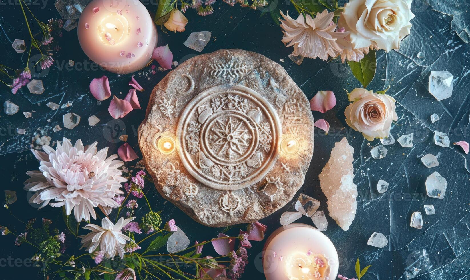 AI generated Astrological symbols on a black stone with candles and flowers. photo