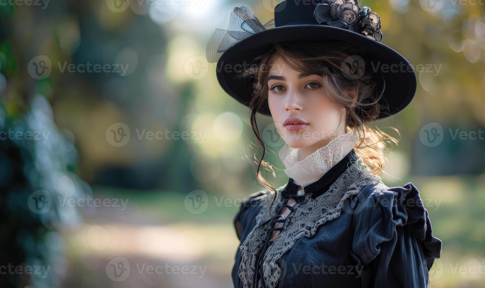 AI generated Portrait of a beautiful young woman in black dress and hat in the park photo