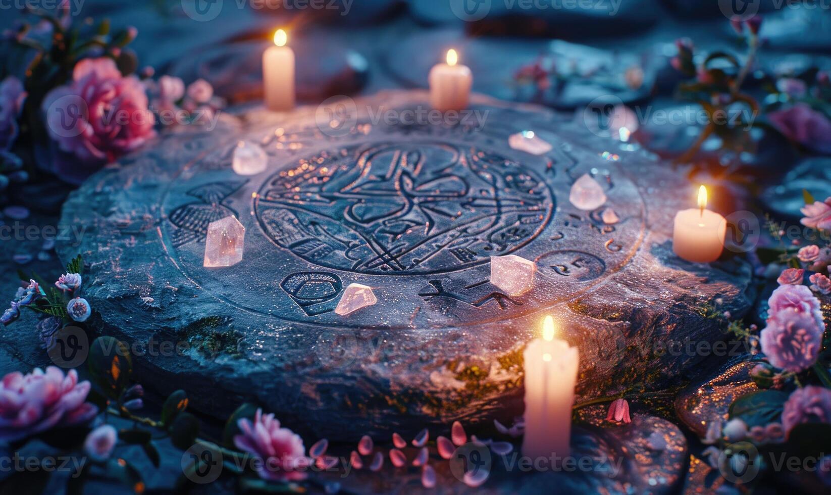 AI generated Ancient astrological sign of Zodiac and burning candles on a dark marble background photo