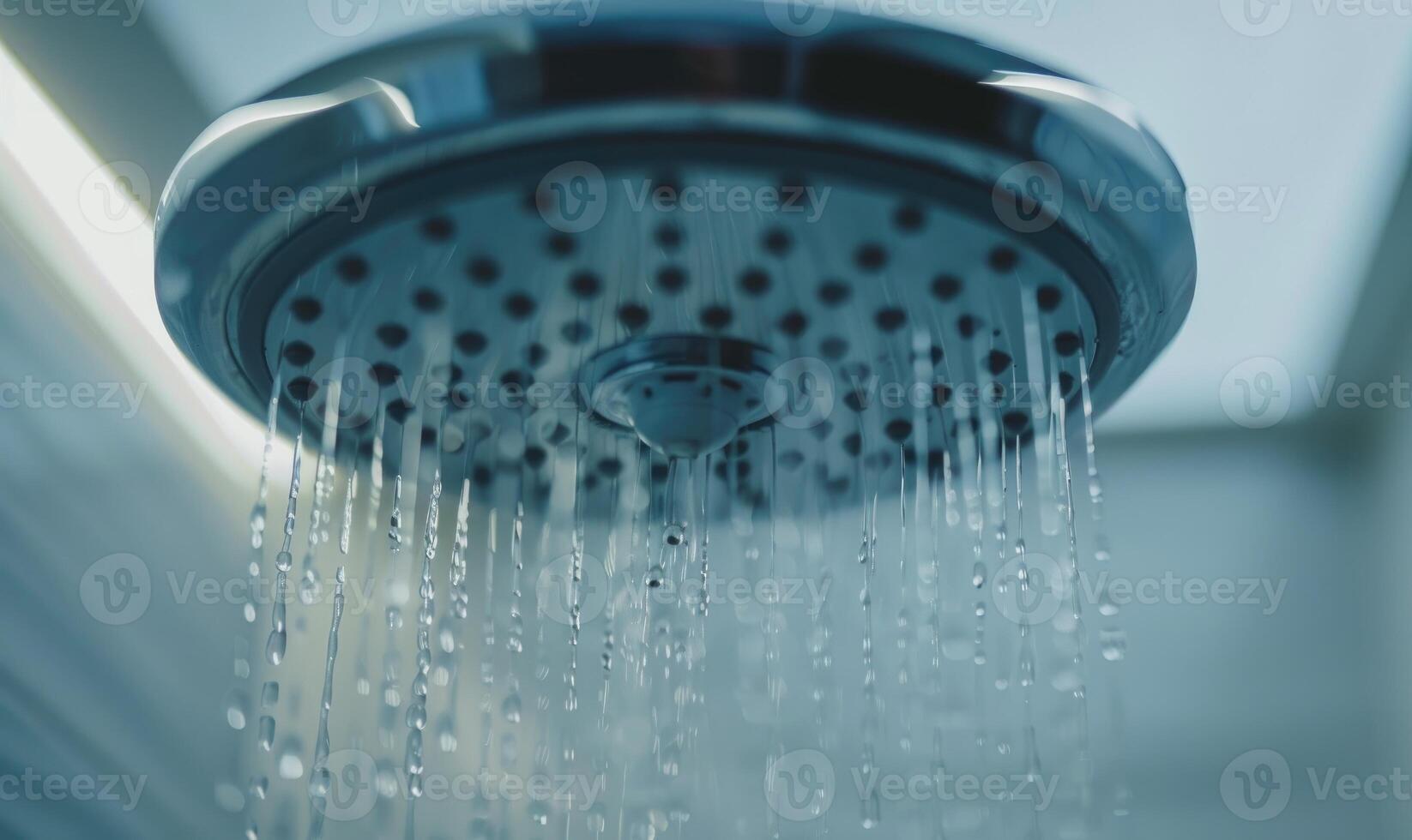 ai generado ducha cabeza con agua gotas en el baño. ducha cabeza con corriendo agua. foto