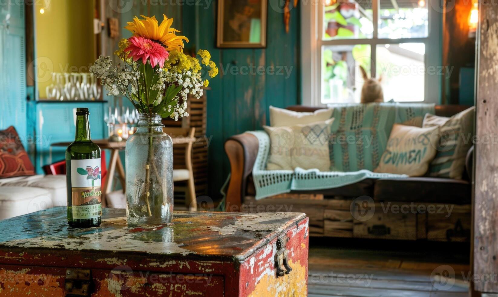 AI generated Interior of a living room with vintage furniture, armchair and plants photo