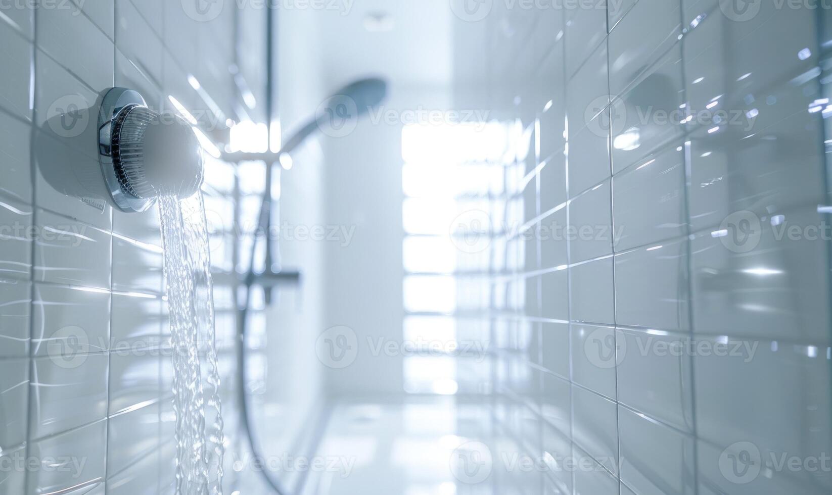 AI generated Interior of a modern bathroom with glass walls and white tiles. photo