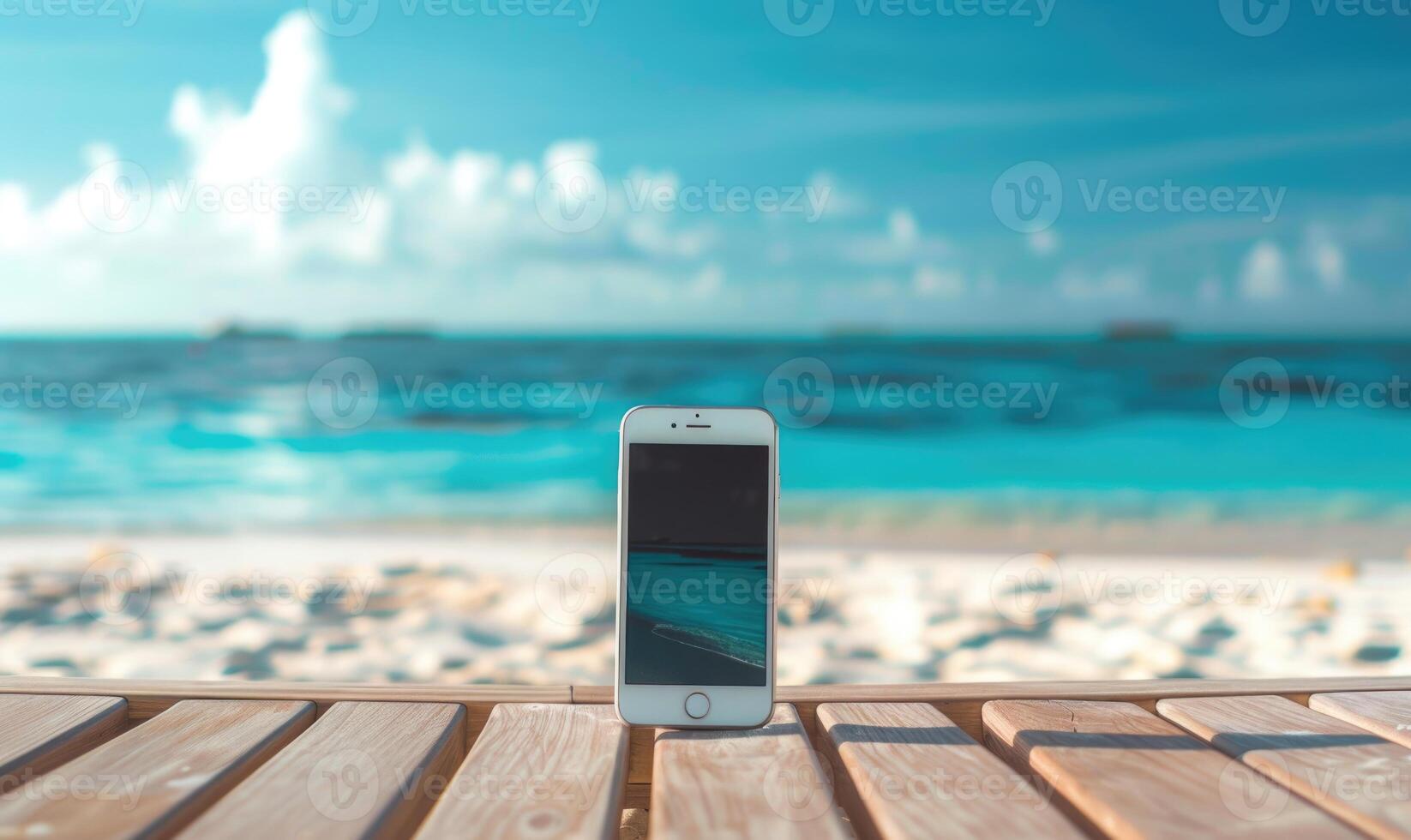 AI generated Smartphone mockup with a blank screen on a tranquil beach background, travel and tourism photo