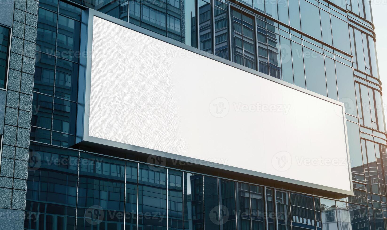 ai generado blanco pantalla bandera Bosquejo desplegado en el moderno edificio fachada. cerca arriba vista. foto