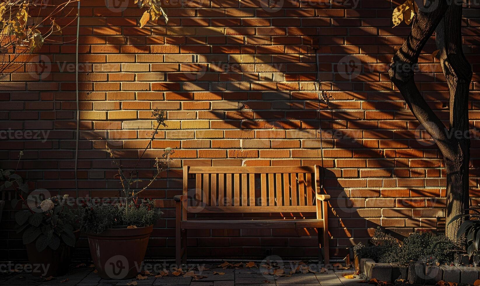 AI generated Wooden bench in front of a brick wall in the garden. photo