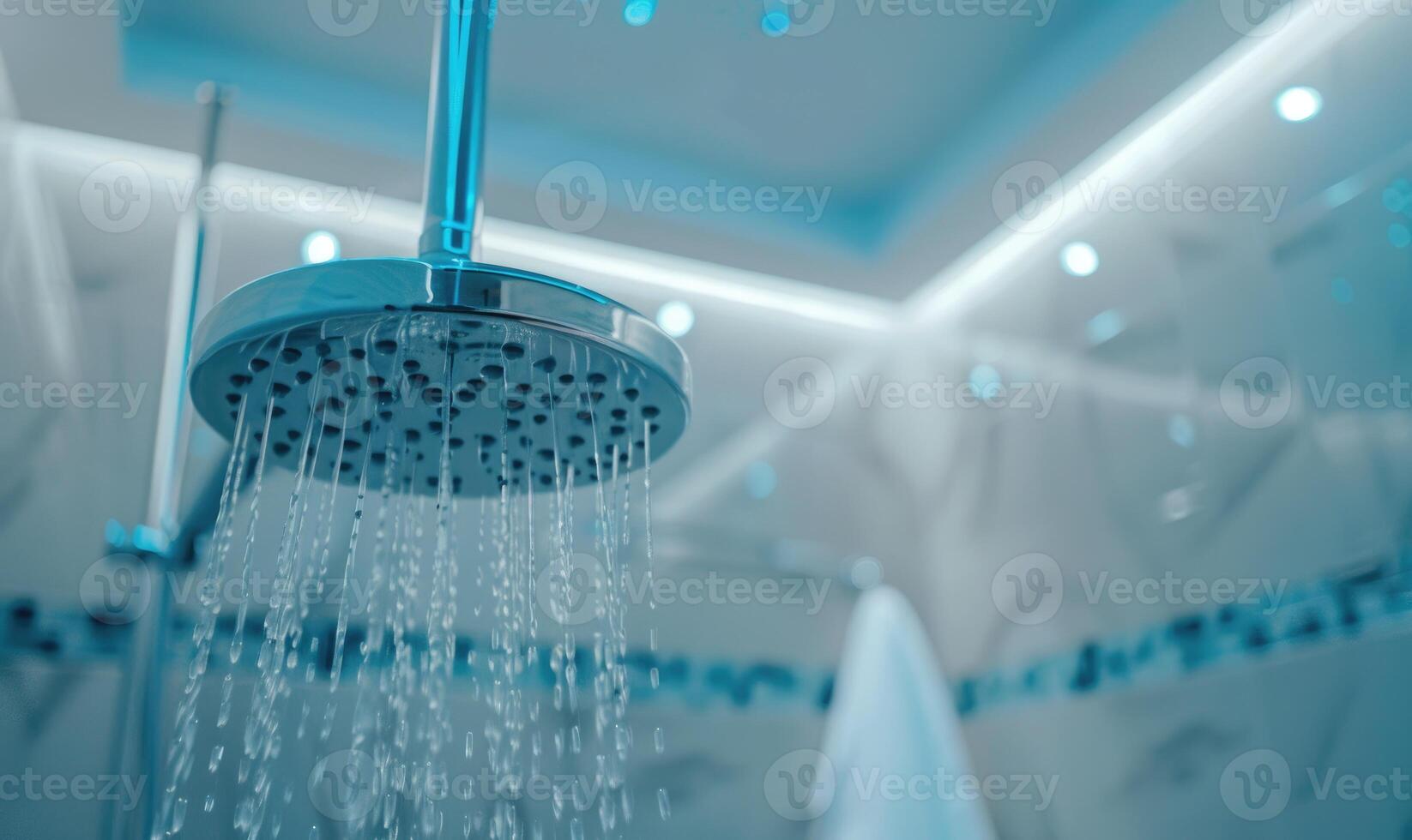 ai generado ducha cabeza en moderno baño con borroso bokeh antecedentes. foto