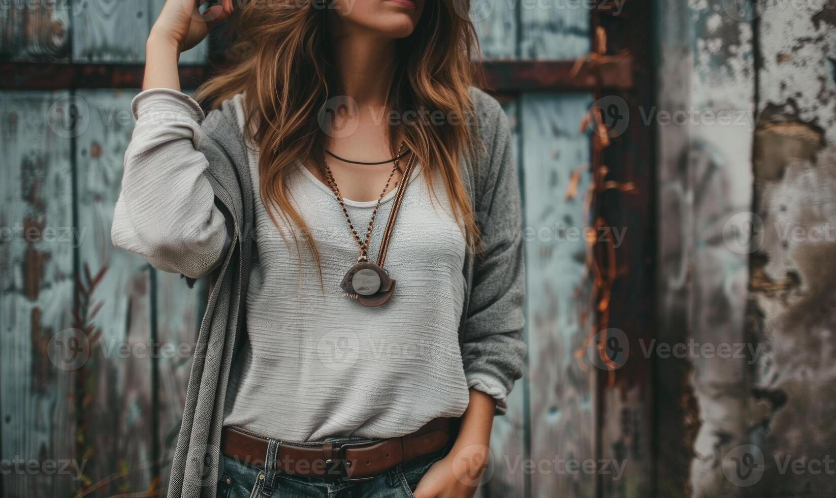 AI generated Portrait of a beautiful young woman and green pants photo