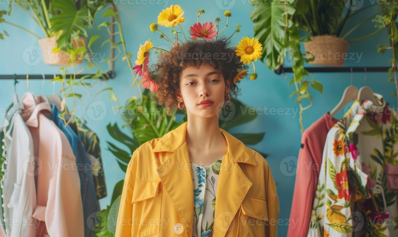 AI generated beautiful young woman in straw hat and yellow coat with tropical flowers photo