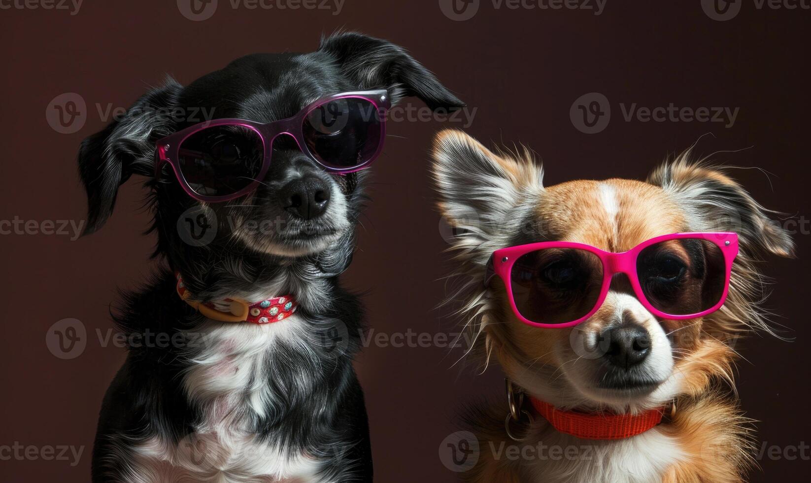 AI generated Two cute dogs wearing pink sunglasses on dark background, studio shot. photo