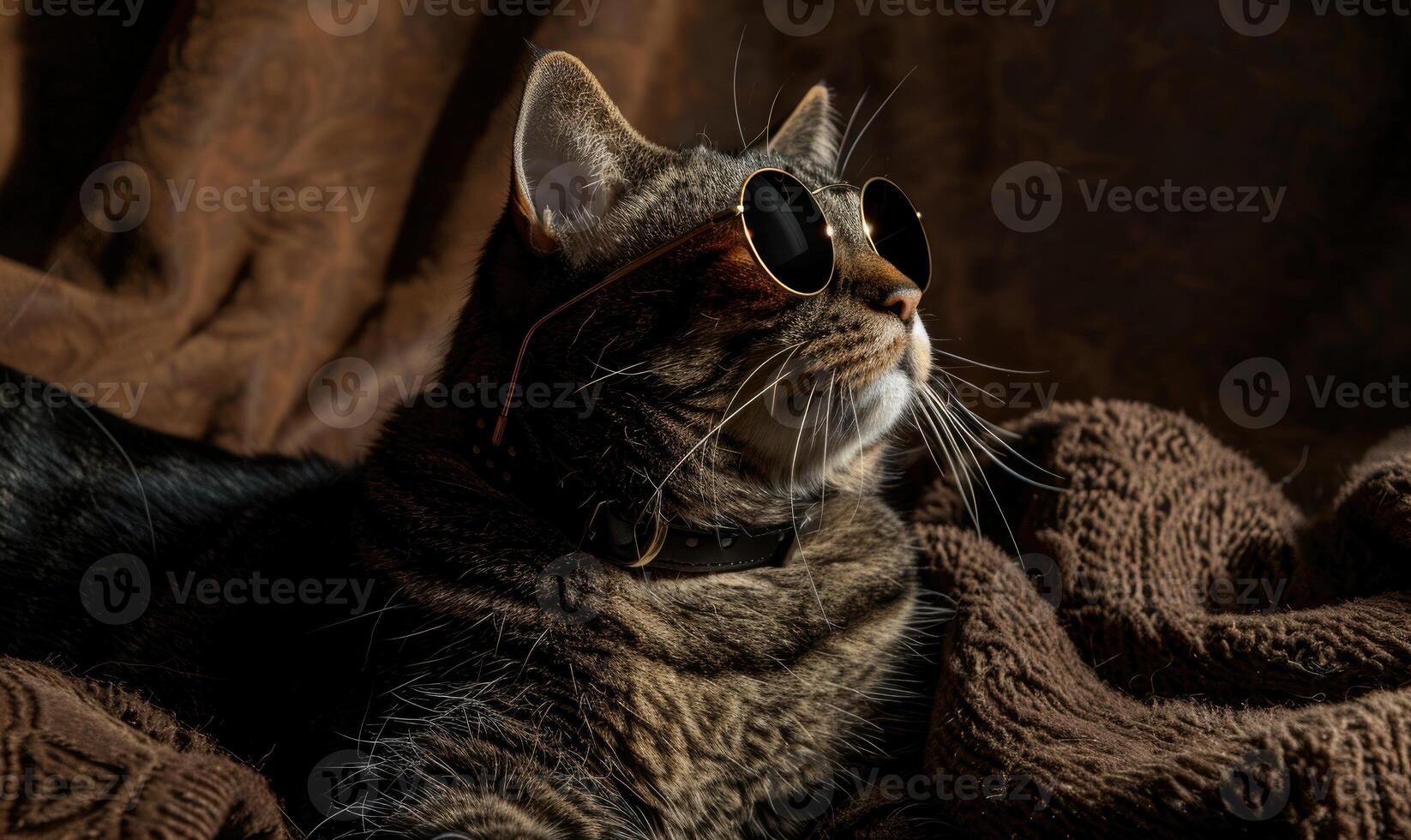 ai generado retrato de un atigrado gato con Gafas de sol en un marrón antecedentes foto