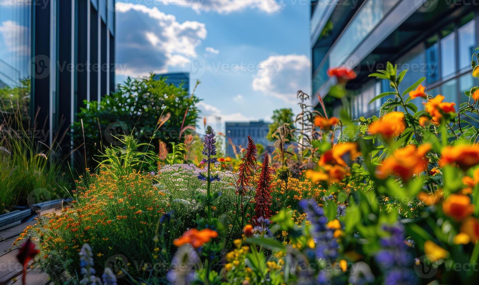 AI generated Urban rooftop garden. Modern skyscrapers, view from a terrace. photo