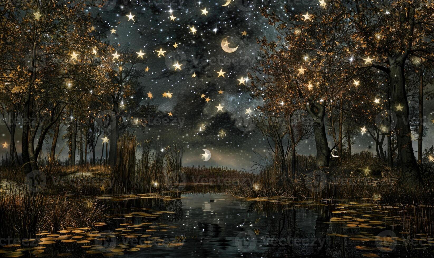 AI generated Fantasy landscape with moon and stars in the forest. photo