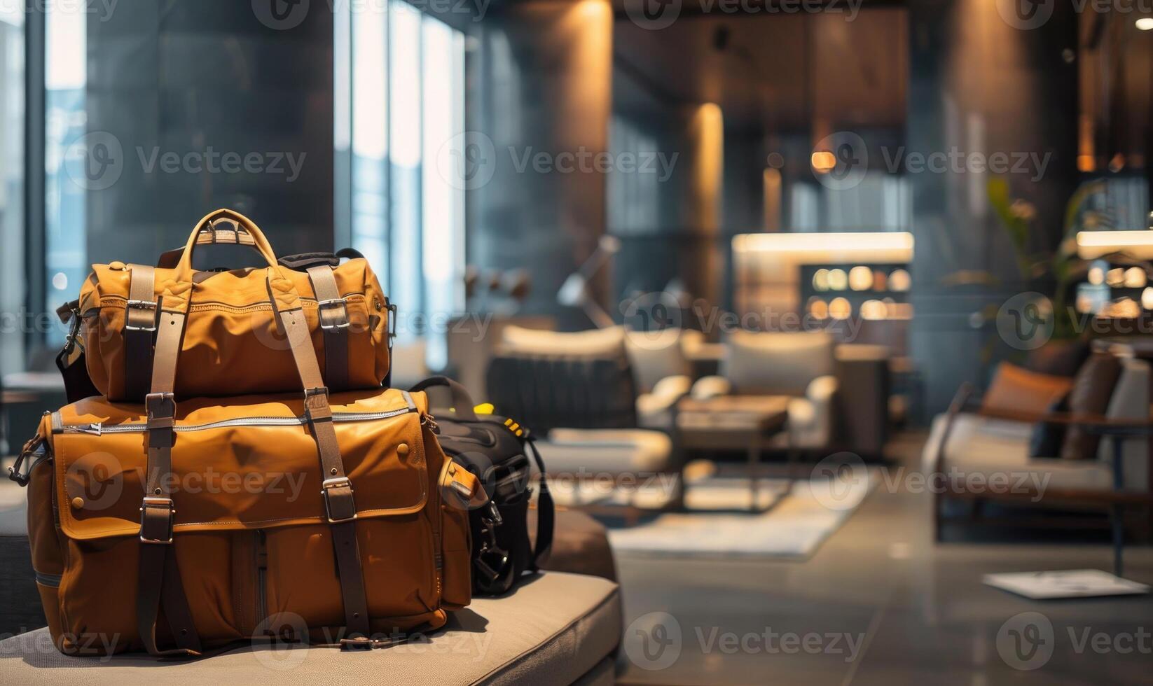 AI generated travel bag in hotel lobby, travel and vacation concept, vintage tone photo