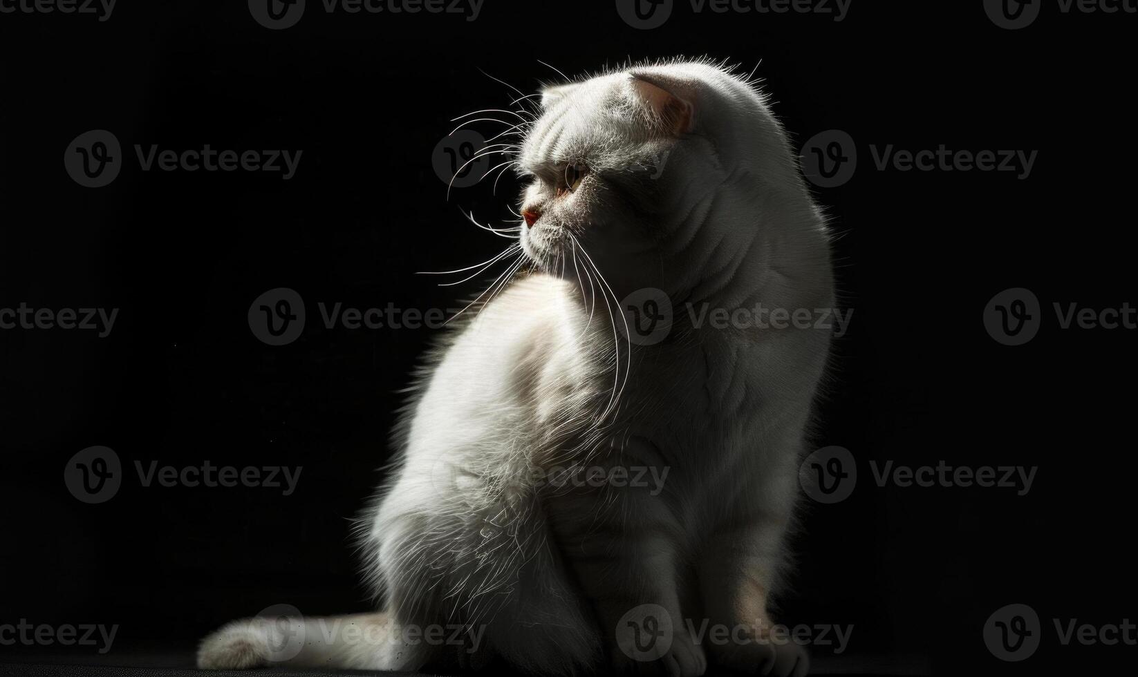 AI generated Studio portrait of a regal white Scottish Fold cat on a dark background, space for text photo