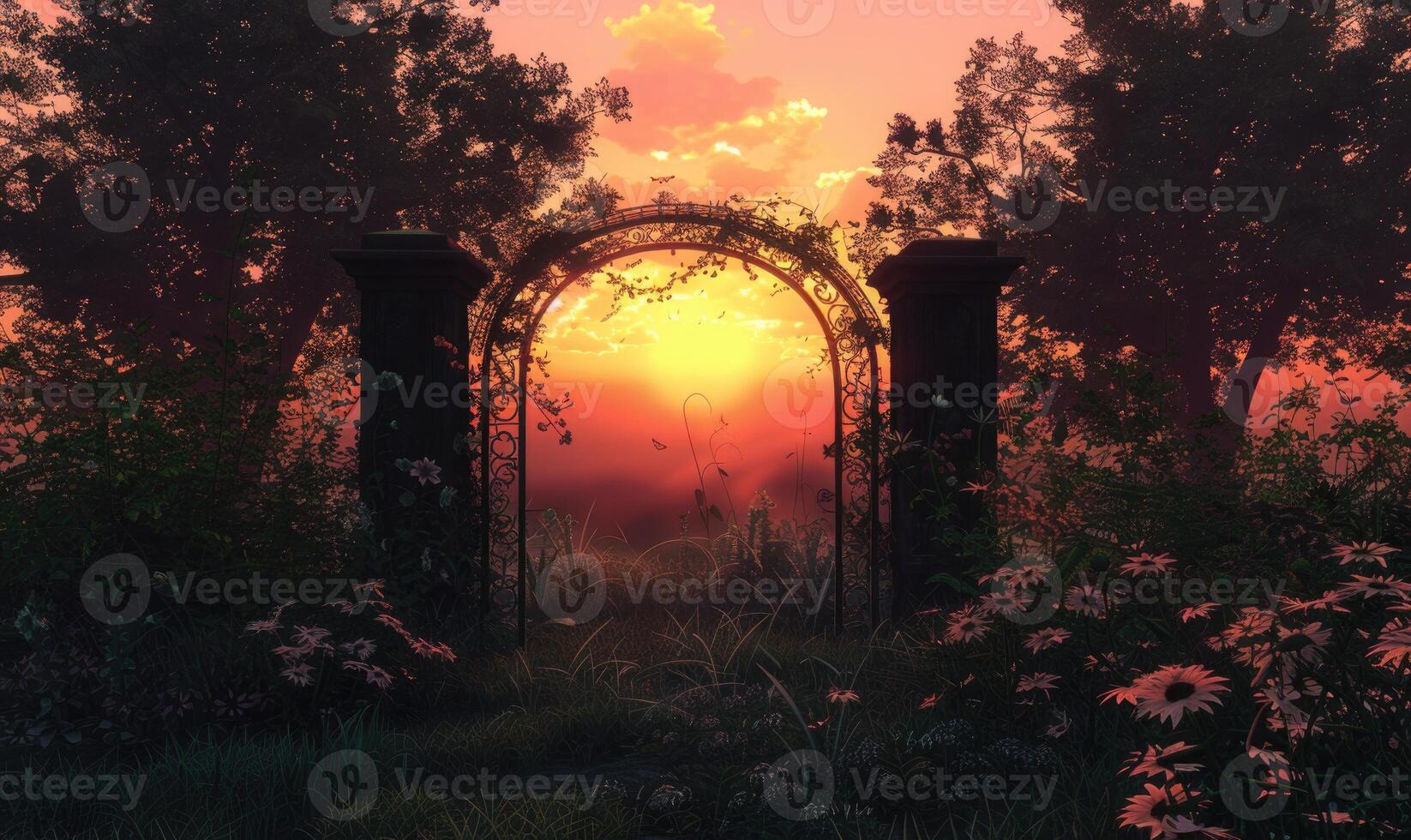 AI generated Beautiful arch in the garden at sunset time. photo