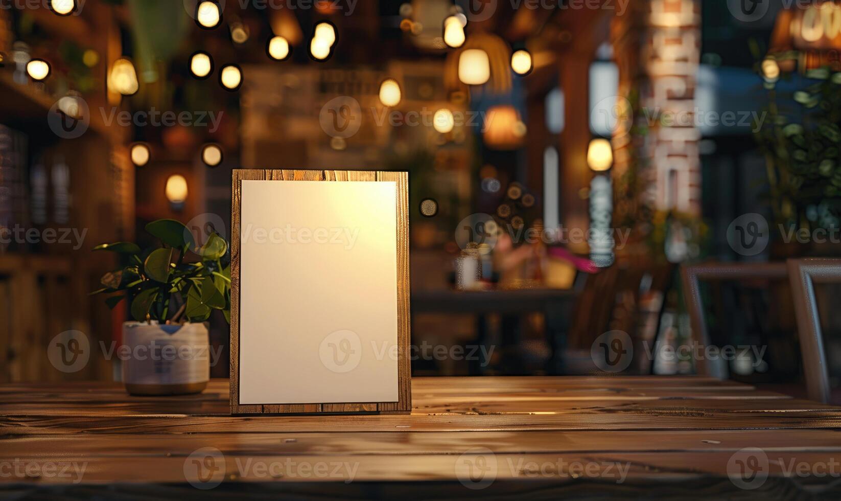 AI generated Empty wooden board on table in cafe, closeup. Space for text. Mock up for menu or design photo