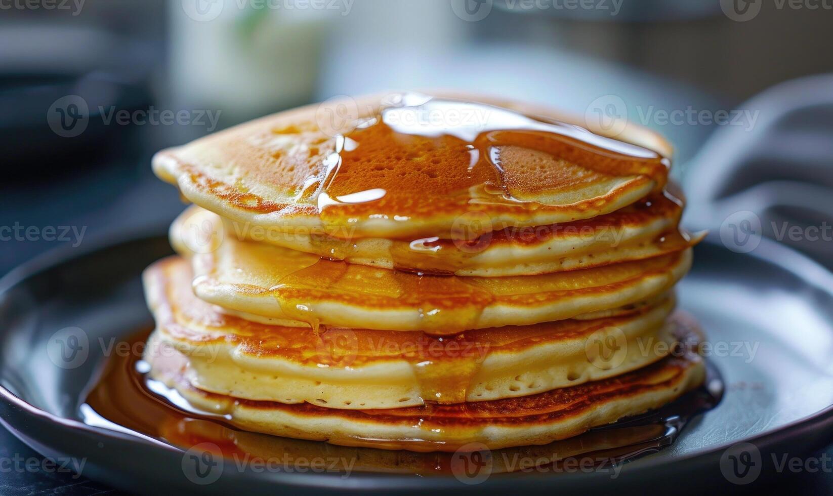 AI generated Pancakes with honey in a frying pan, close-up photo