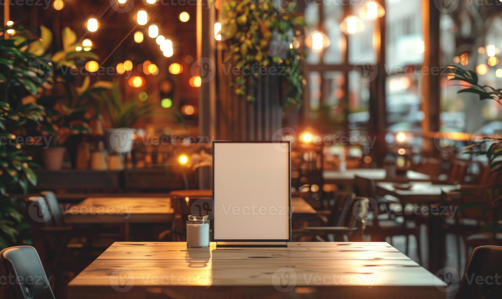 AI generated Blank photo frame on wooden table in cafe. Mockup for design