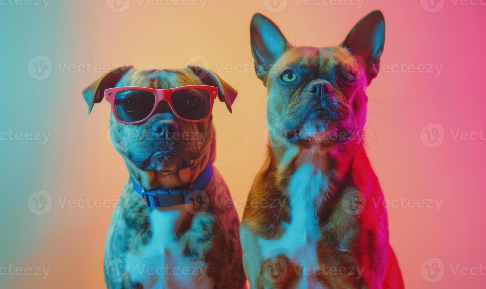 AI generated two french bulldog wearing sunglasses on gradient background in neon light. photo
