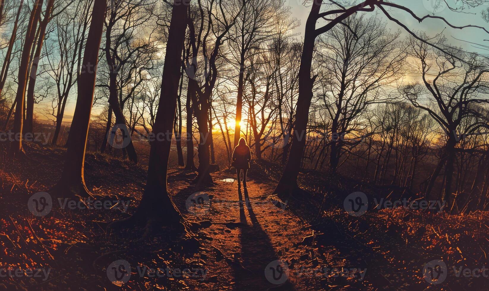 AI generated Sunset in the pine forest. Beautiful nature scene with sun rays photo