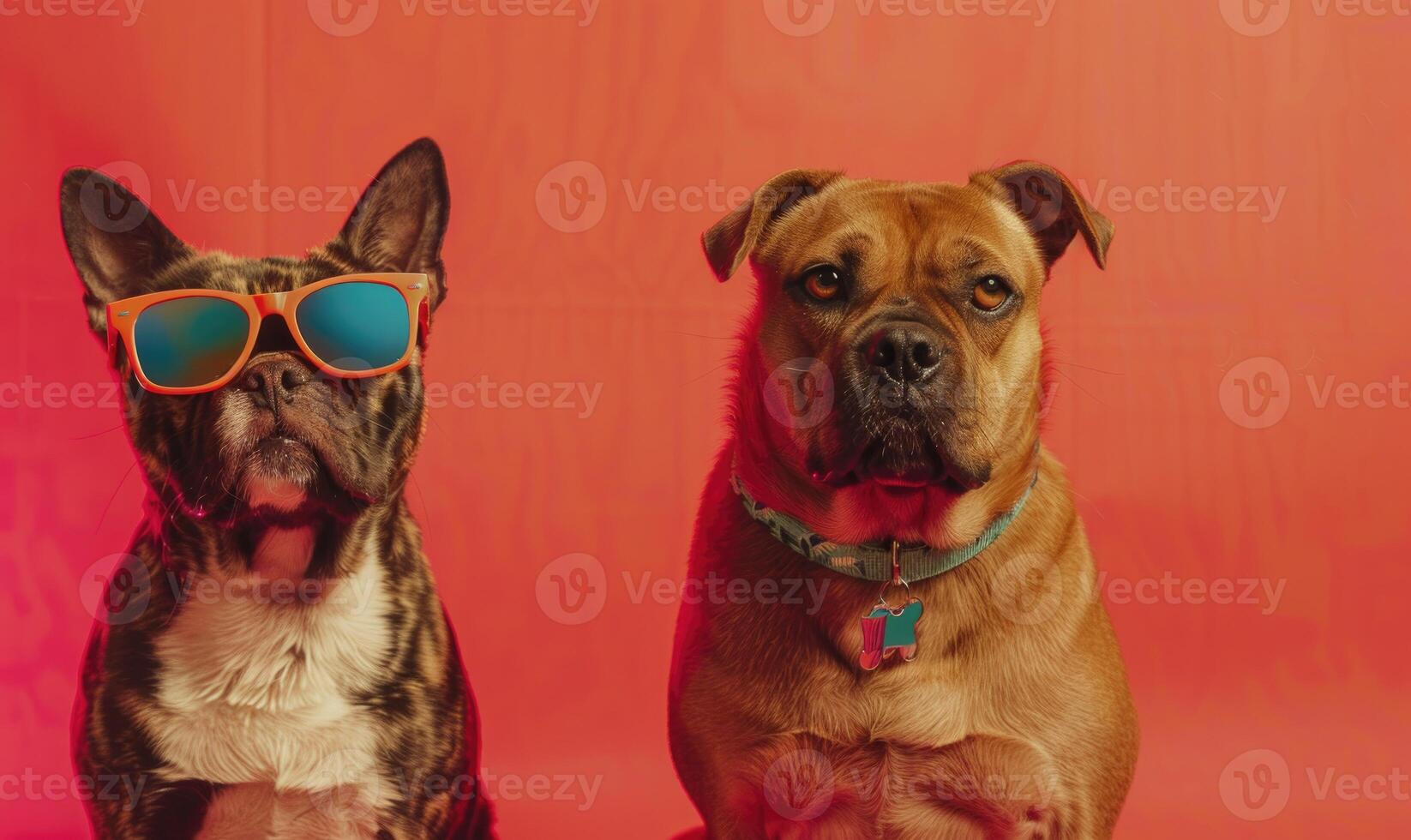 ai generado dos francés buldog vistiendo Gafas de sol en degradado antecedentes en neón ligero. foto