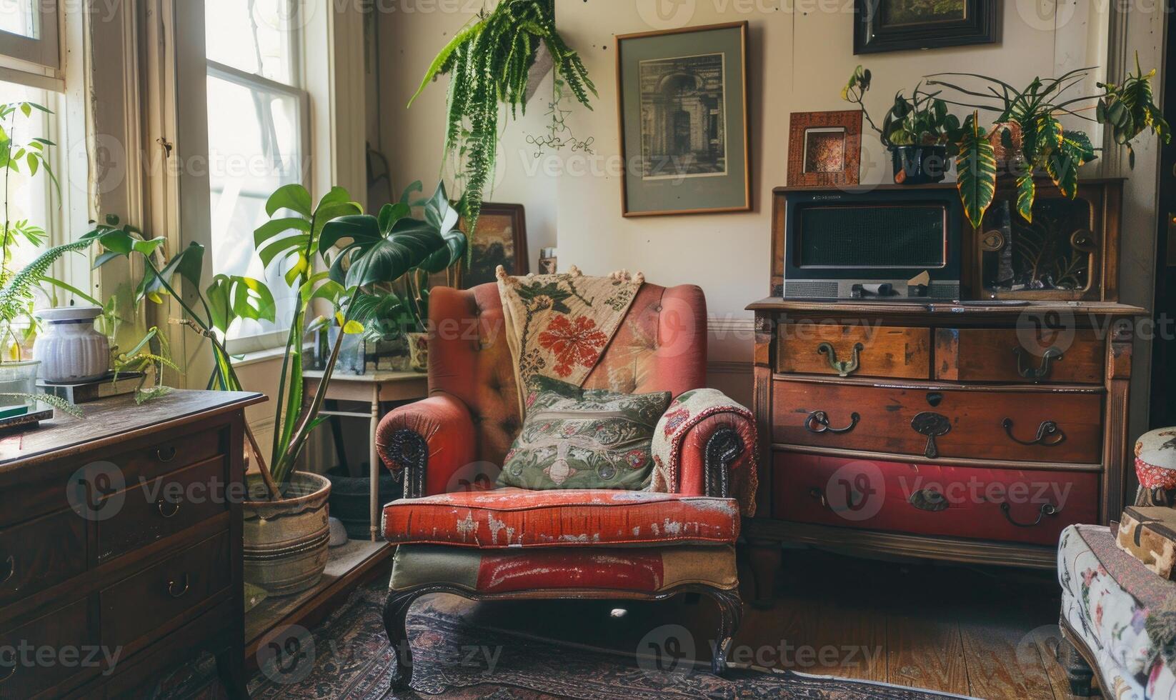 ai generado interior de un vivo habitación en un desván estilo con antiguo mueble foto